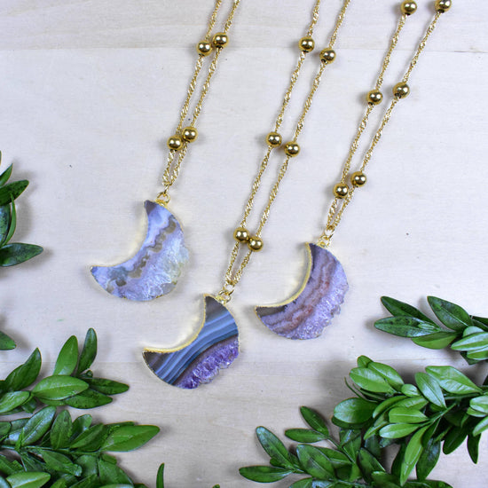 Gold Crescent Moon Amethyst Slice Necklace
