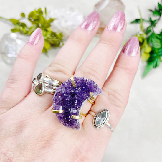 Crescent Moon Amethyst Druzy Statement Wire Ring