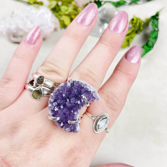 Crescent Moon Amethyst Druzy Statement Wire Ring