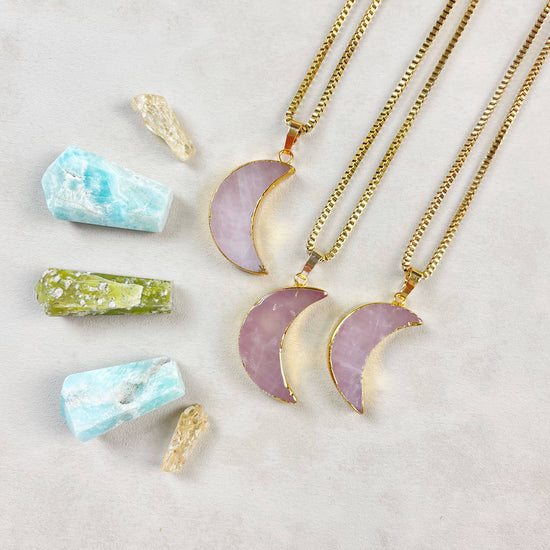 Gold Rose Quartz Crescent Moon Necklace